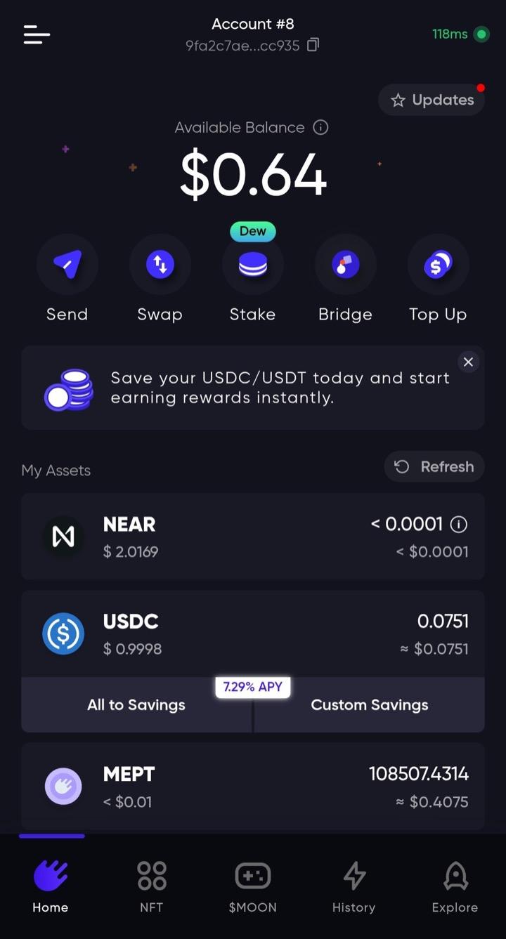 Meteor Wallet overview interface showing account balance and main controls