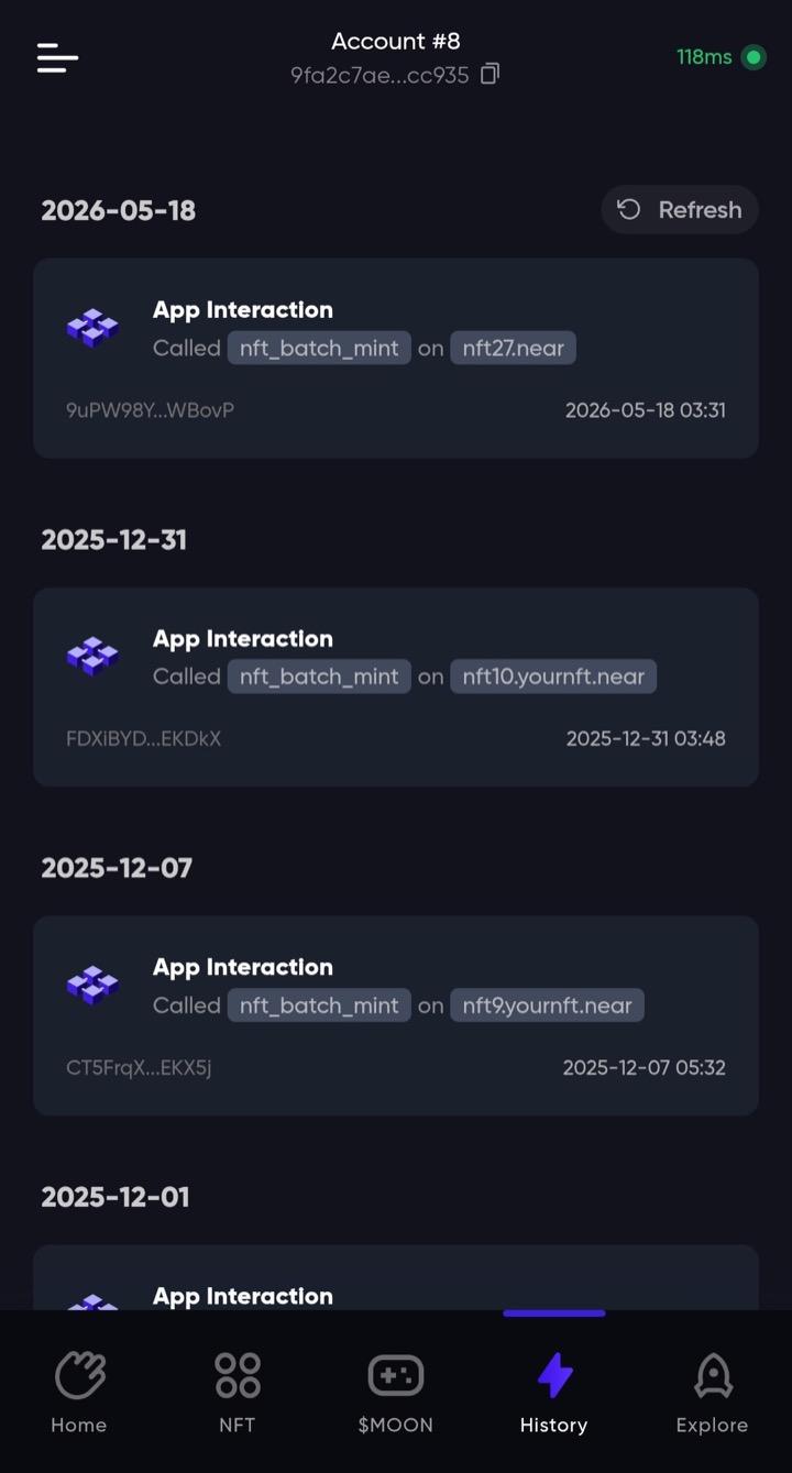 Transaction history page showing incoming and outgoing transactions