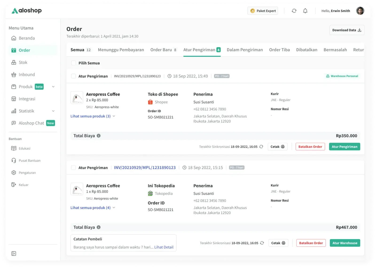 Order management table with marketplace status mapping