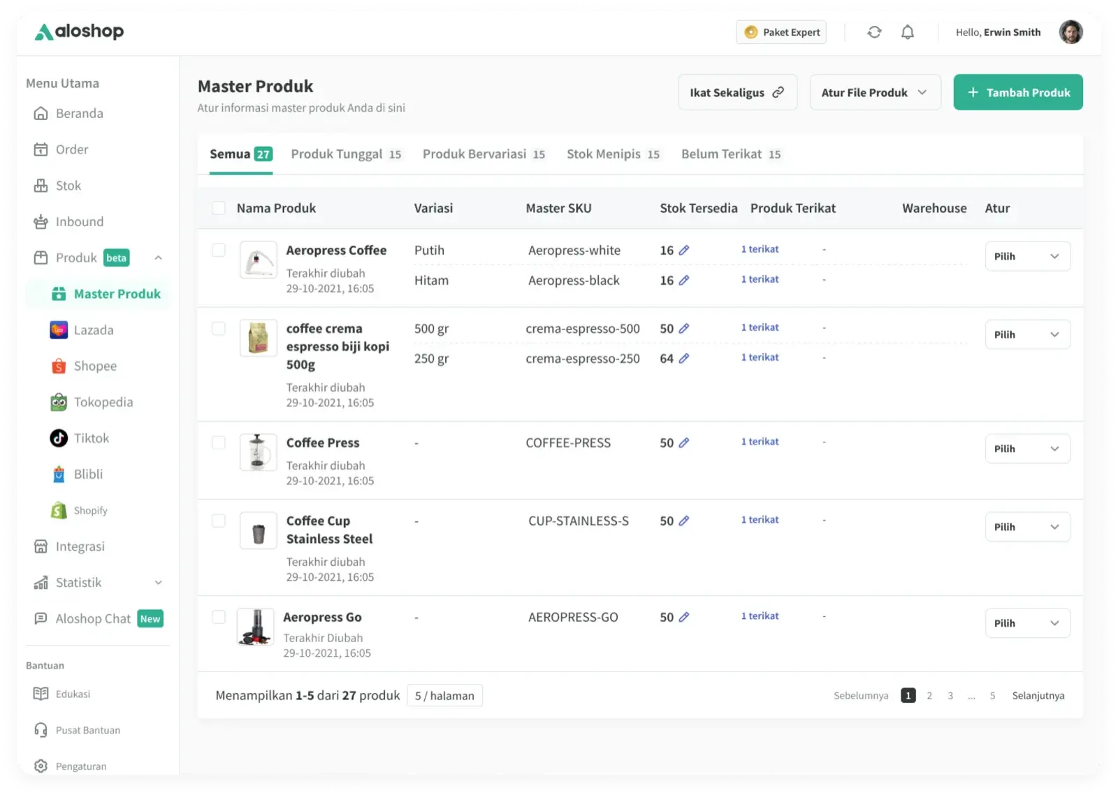 Product management interface listing multi-channel inventory